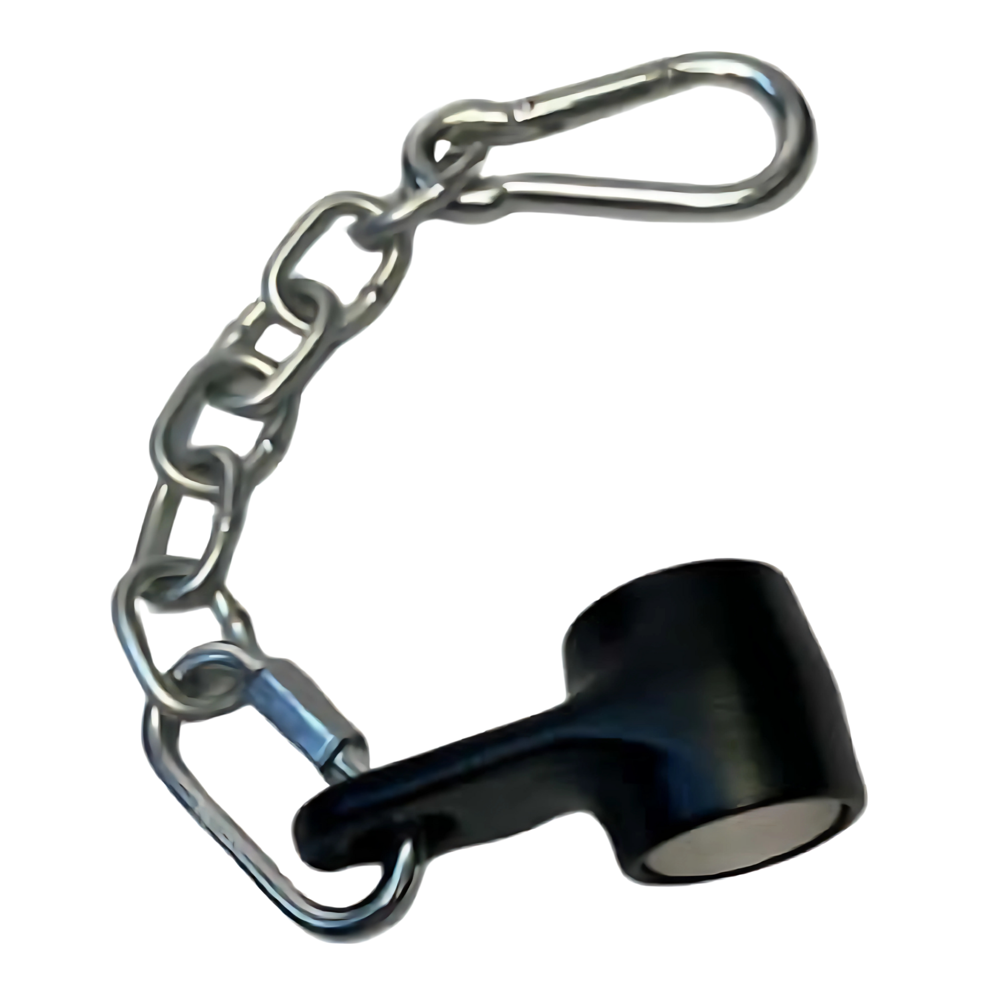 A black plastic cap with a short metal chain and carabiner, perfect for connecting the HOG LEGS Landmine Olympic T-Bar Row Handles Attachment Ring to Olympic Barbells during landmine rows.
