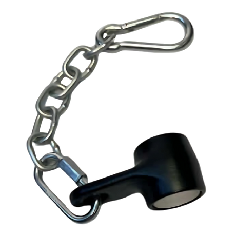 A black plastic cap with a short metal chain and carabiner, perfect for connecting the HOG LEGS Landmine Olympic T-Bar Row Handles Attachment Ring to Olympic Barbells during landmine rows.