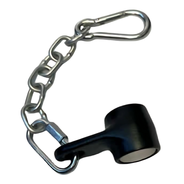 A black plastic cap with a short metal chain and carabiner, perfect for connecting the HOG LEGS Landmine Olympic T-Bar Row Handles Attachment Ring to Olympic Barbells during landmine rows.