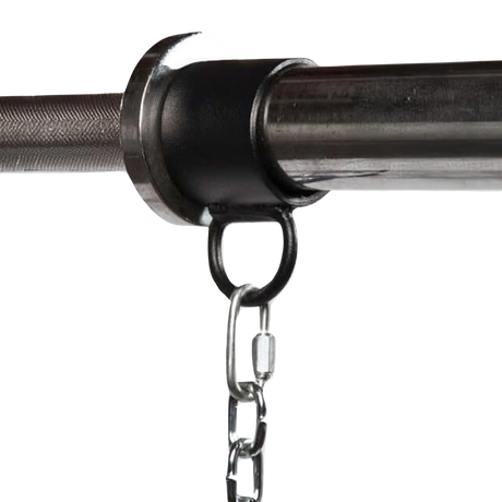 Close-up of the HOG LEGS Landmine Olympic T-Bar Row Handles Attachment Ring with a chain, ready for use with Olympic Barbells or landmine rows.
