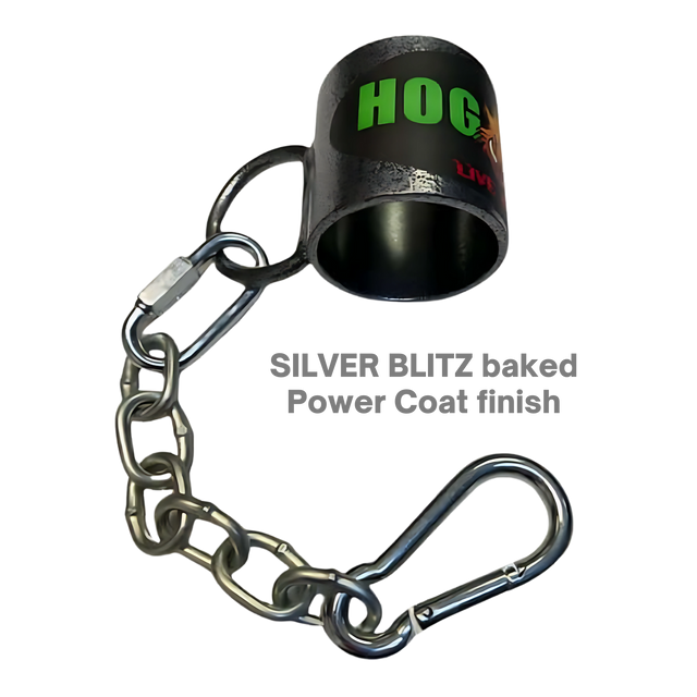 Black metal HOG LEGS Landmine Olympic T-Bar Row Handles with attachment ring, chain, and carabiner; labeled "HOG" with durable SILVER BLITZ baked Power Coat finish—ideal for Olympic barbells and landmine rows.
