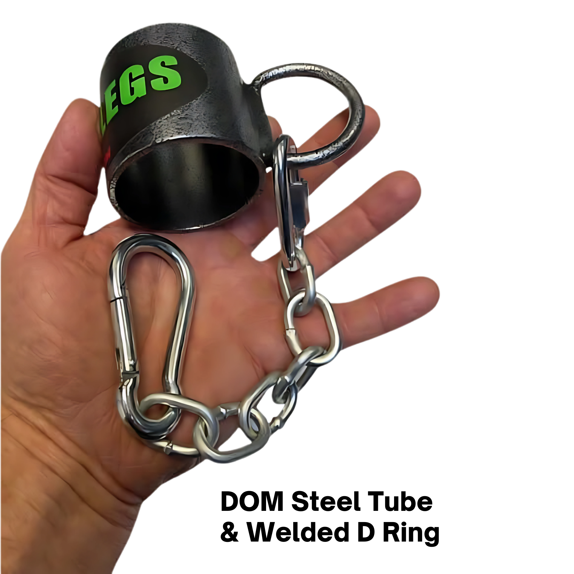 A hand holds the HOG LEGS Landmine Olympic T-Bar Row Handles Attachment Ring with a chain and carabiner—perfect for adding row handle accessories or enhancing your landmine rows.