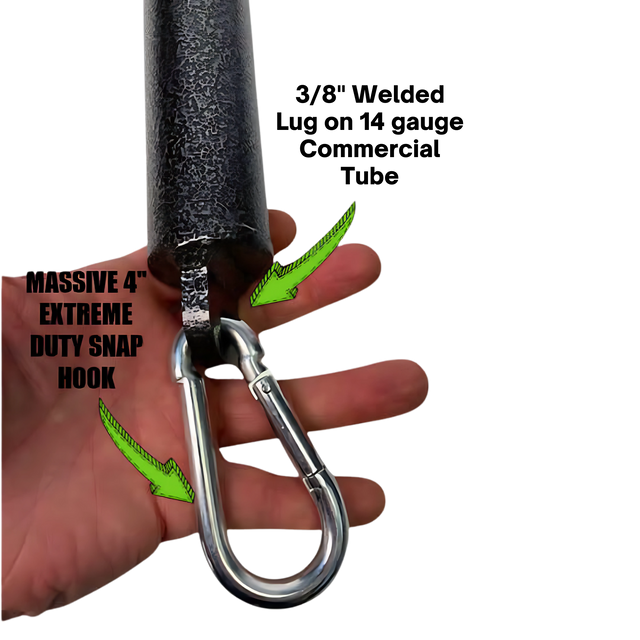 A hand holds a HOG LEGS Weight Load Pin, a large metal snap hook attached to a textured rod, used as a weight plate holder for strength training. Green arrows and bold label text are visible.