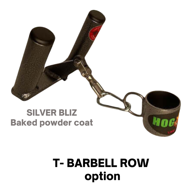 The HOG LEGS 'multi-row' Low Pulley Cable Row Handles Plus features a black metal lifting handle with carabiner and cup attachment, finished in SILVER BLIZ Baked powder coat—ideal for T-Bar Rows or boosting your Pull-Ups.