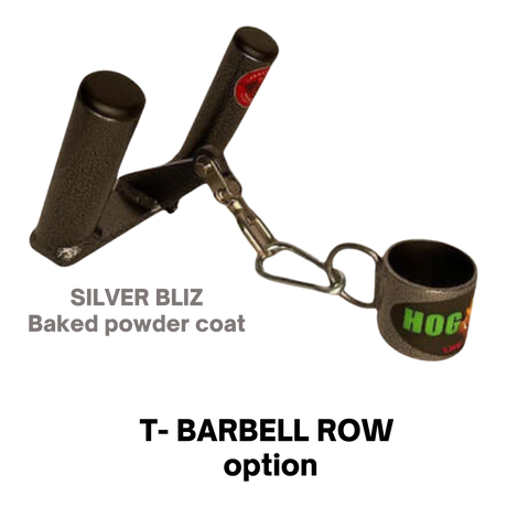 The HOG LEGS 'multi-row' Low Pulley Cable Row Handles Plus features a black metal lifting handle with carabiner and cup attachment, finished in SILVER BLIZ Baked powder coat—ideal for T-Bar Rows or boosting your Pull-Ups.