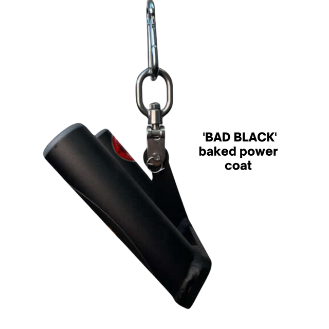 Close-up of the HOG LEGS 'multi-row' Low Pulley Cable Row Handles Plus with Pull Up Hook & Snap Link, attached to a carabiner and displayed against a sleek black background.