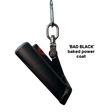 Close-up of the HOG LEGS 'multi-row' Low Pulley Cable Row Handles Plus with Pull Up Hook & Snap Link, attached to a carabiner and displayed against a sleek black background.