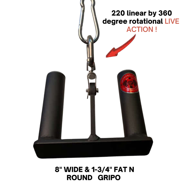 The HOG LEGS 'multi-row' Low Pulley Cable Row Handles Plus, with a pull-up hook and snap link, is perfect for T-Bar Row exercises and features a bold "LIVE ACTION!" label with a red arrow pointing to the clasp.