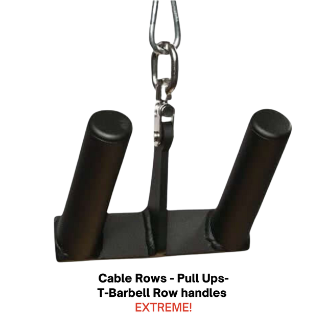 HOG LEGS 'multi-row' Low Pulley Cable Row Handles Plus with two vertical grips, Pull Up Hook & Snap Link—ideal for cable rows or T-Bar Rows. Hanging by a chain. Text below reads "EXTREME!.
