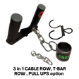 The HOG LEGS 'multi-row' Low Pulley Cable Row Handles Plus set includes pull up hooks and a snap link—ideal for organizing your setup for T-Bar Rows or FAT Grip Cable Rowing, all shown on a white background.