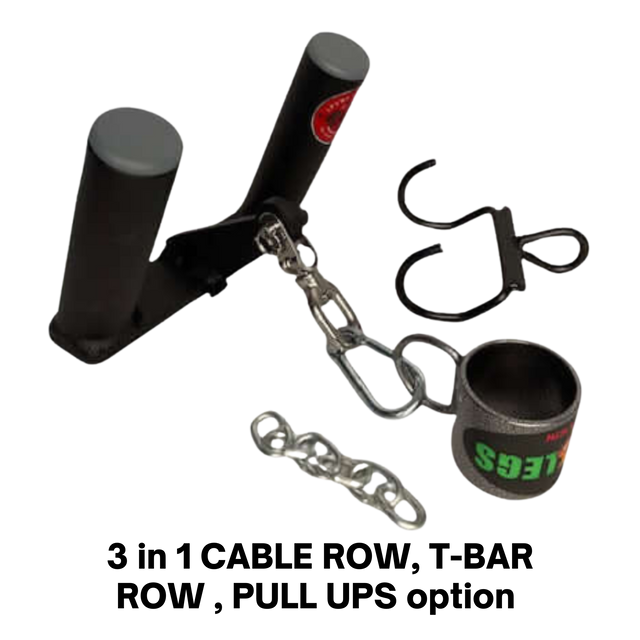 The HOG LEGS 'multi-row' Low Pulley Cable Row Handles Plus set includes pull up hooks and a snap link—ideal for organizing your setup for T-Bar Rows or FAT Grip Cable Rowing, all shown on a white background.