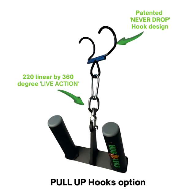 The HOG LEGS 'multi-row' Low Pulley Cable Row Handles Plus features dual handles, a patented pull-up hook with snap link, and "never drop" and "live action" grip—engineered for strength and control like a T-Bar Row.