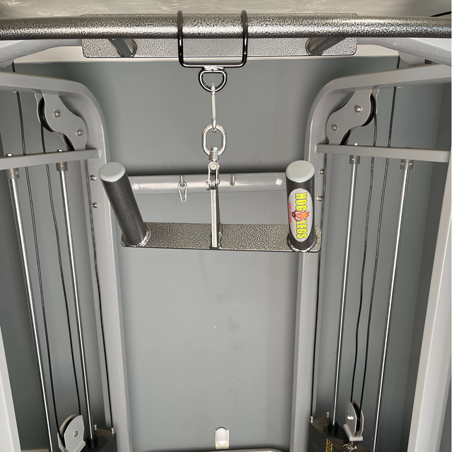 A close-up of HOG LEGS Multi-Row 'Wide' Back Cable Exercise Handles with grips and an attached yellow "ADD WEIGHT" tag.