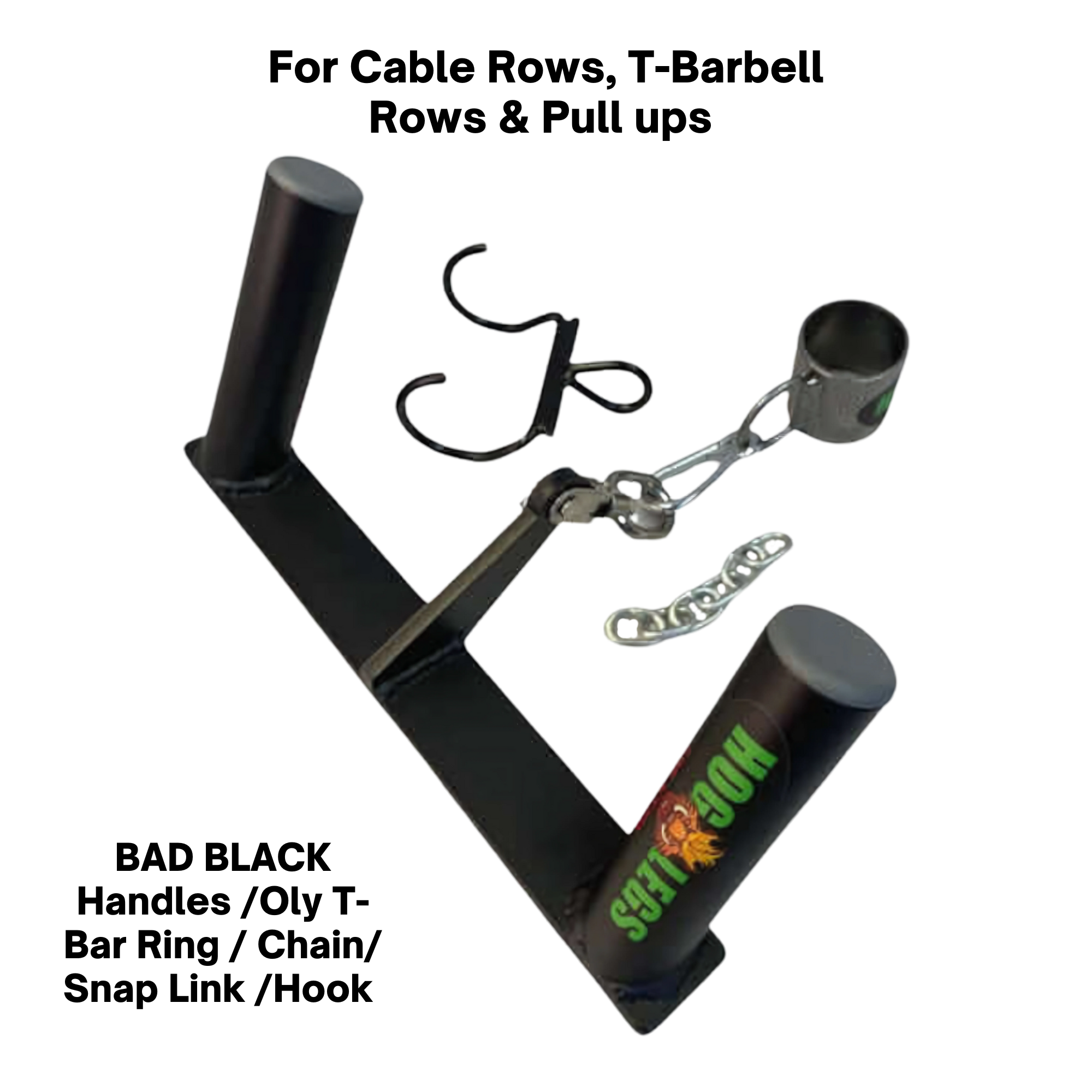 HOG LEGS Multi-Row 'Wide' Back Cable Exercise Handles feature a commercial grade build for durability, two vertical posts, an attached cup holder, and a visible BBQ logo.