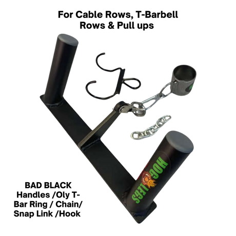 HOG LEGS Multi-Row 'Wide' Back Cable Exercise Handles feature a commercial grade build for durability, two vertical posts, an attached cup holder, and a visible BBQ logo.