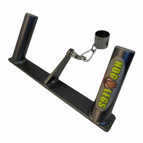 The HOG LEGS Multi-Row 'Wide' Back Cable Exercise Handles feature metal construction with dual vertical tubes and a clamp on a textured black base, perfect as a T-bar row handle for challenging back workouts.