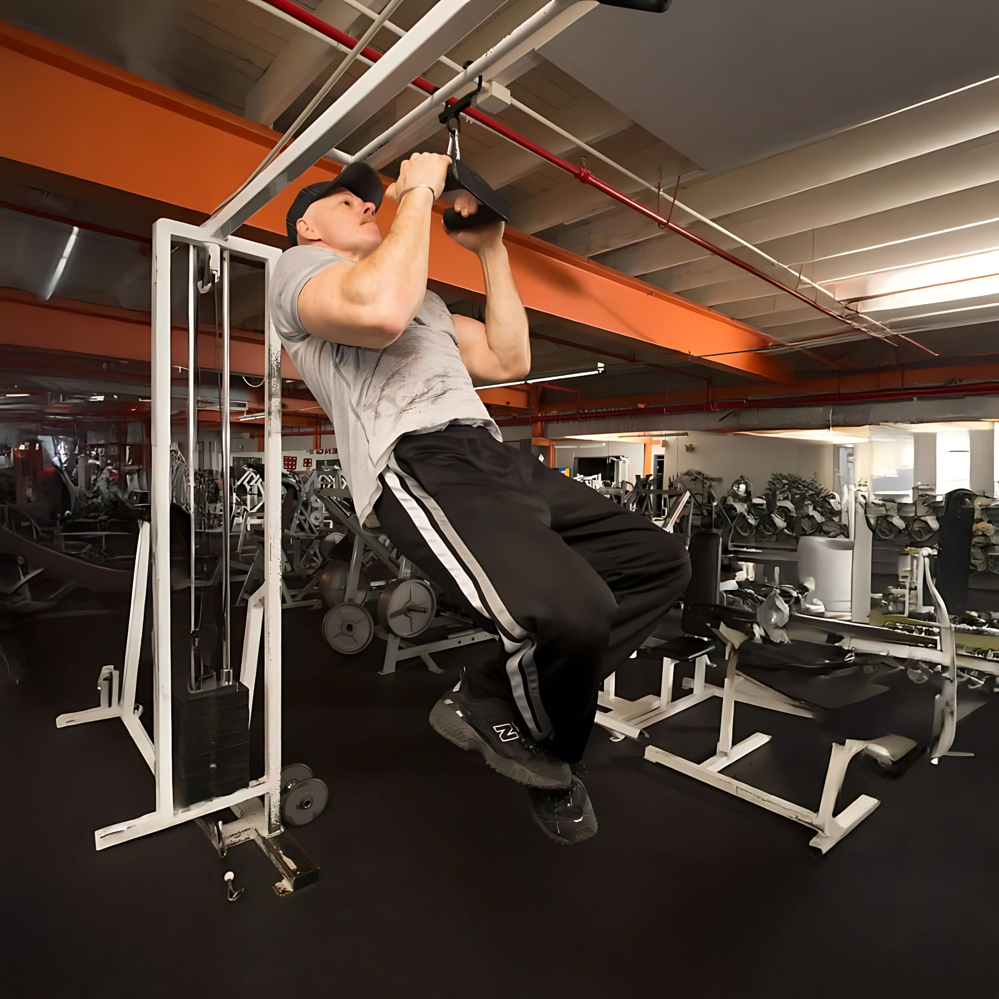 Man doing a pull-up on HOG LEGS Pull Up Handles Hook in a gym, wearing a gray shirt, black pants, and a black cap.