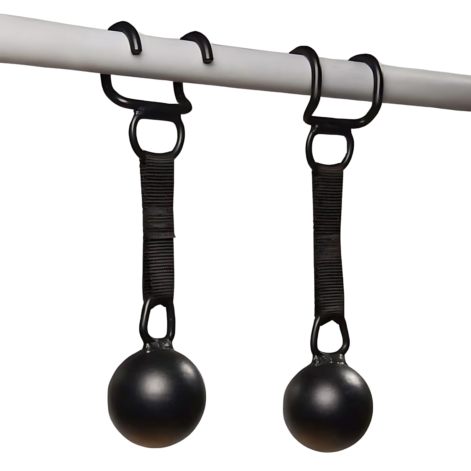 Two HOG LEGS 'Raging Boar' Pull-Up Grips, black balls with straps, hang from hooks on a horizontal bar—ideal for building grip strength and working back muscles.