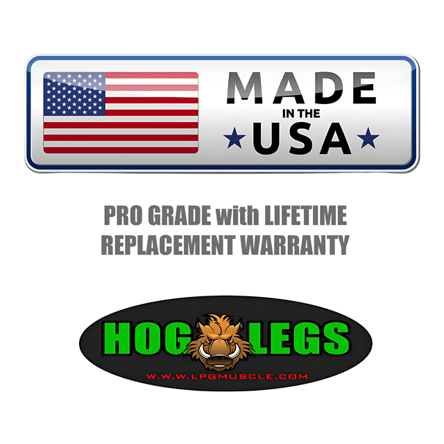 The HOG LEGS 'Revolution' Fat Grip straight Curling Bar Gym Cable Attachment features a non-slip powder coat grip for added safety, a "Made in the USA" sign, warranty details, and a cartoon hog logo with the website URL.