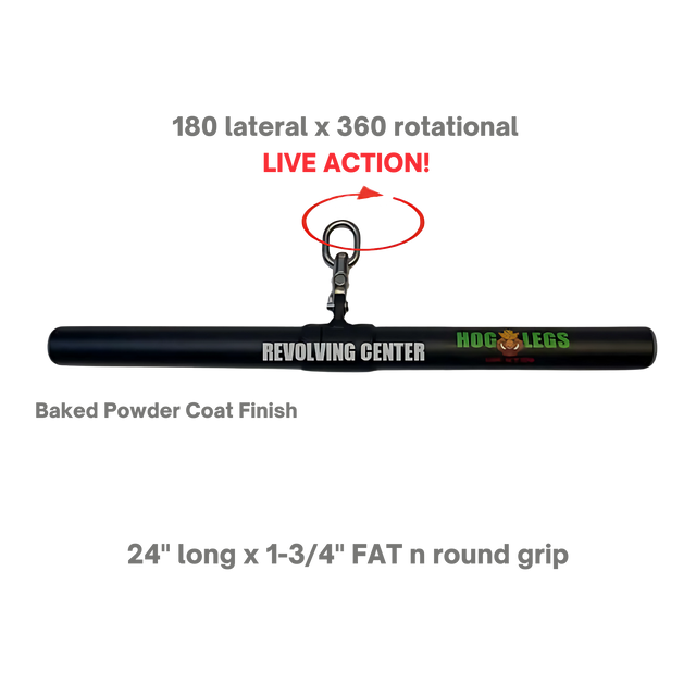The HOG LEGS 'Revolution' Fat Grip straight Curling Bar Gym Cable Attachment features a non-slip grip, secure clip, and rotating center for 180° lateral and 360° rotational movement.