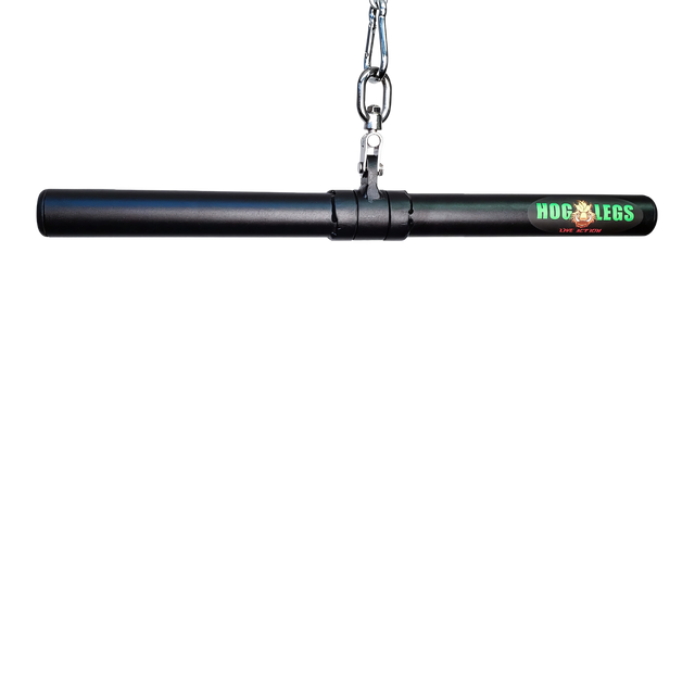 The HOG LEGS 'Revolution' Fat Grip straight Curling Bar Gym Cable Attachment is a black cylindrical bar with chain, labeled "Hog Legs," featuring a non-slip grip for improved muscle activation during workouts.