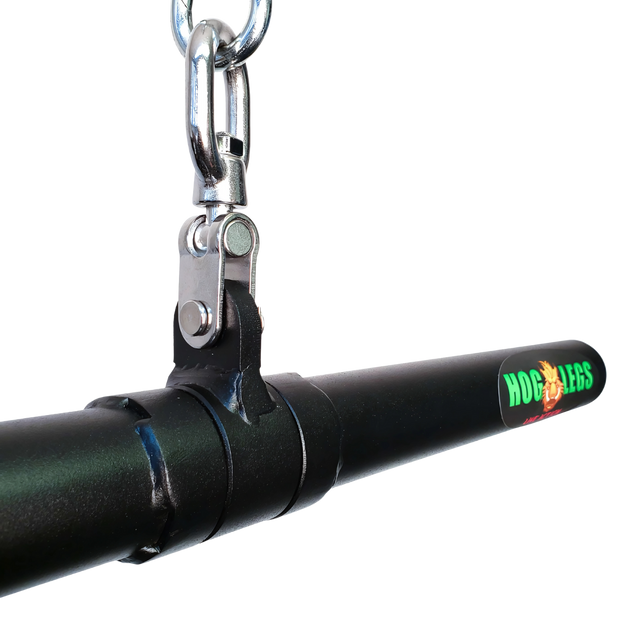 Close-up of the HOG LEGS 'Revolution' Fat Grip straight Curling Bar Gym Cable Attachment in black metal, featuring a non-slip grip, chain, and hook for secure muscle activation during workouts.