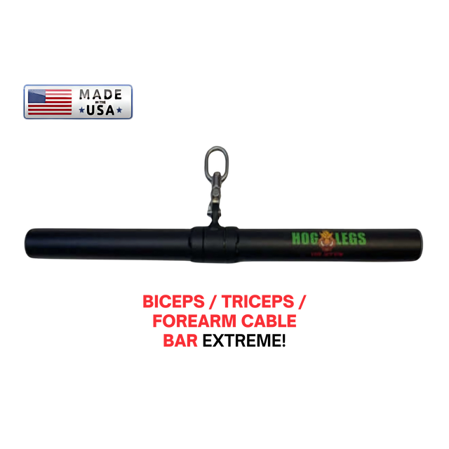 The HOG LEGS 'Revolution' Fat Grip Straight Curling Bar Gym Cable Attachment features a non-slip grip and rotating center hook for enhanced muscle activation. Suitable for biceps, triceps, and forearms. Made in USA.
