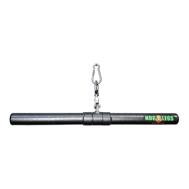 The HOG LEGS 'Revolution' Fat Grip Straight Curling Bar Gym Cable Attachment is a black metal bar with a rotating center hinge and hanging clip, labeled "Hog Legs" in green and yellow, designed for enhanced muscle activation.