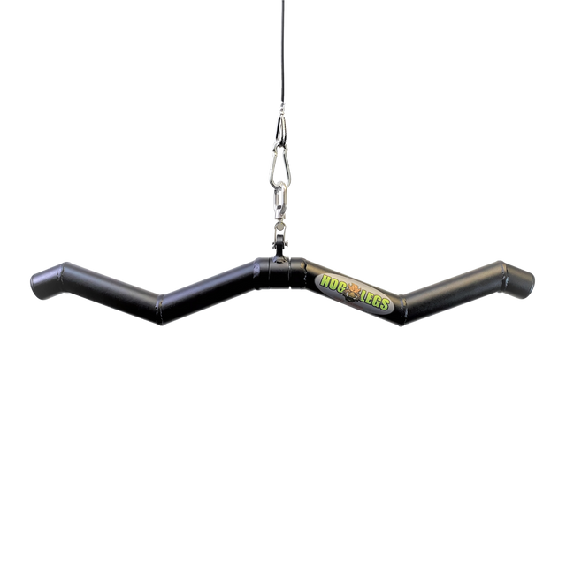 The HOG LEGS 'SubPrimal' EZ Curl Bar / Triceps Workout Bar is a black, V-shaped, commercial-grade cable attachment with logo—ideal for muscle stimulation and handling heavier weights.