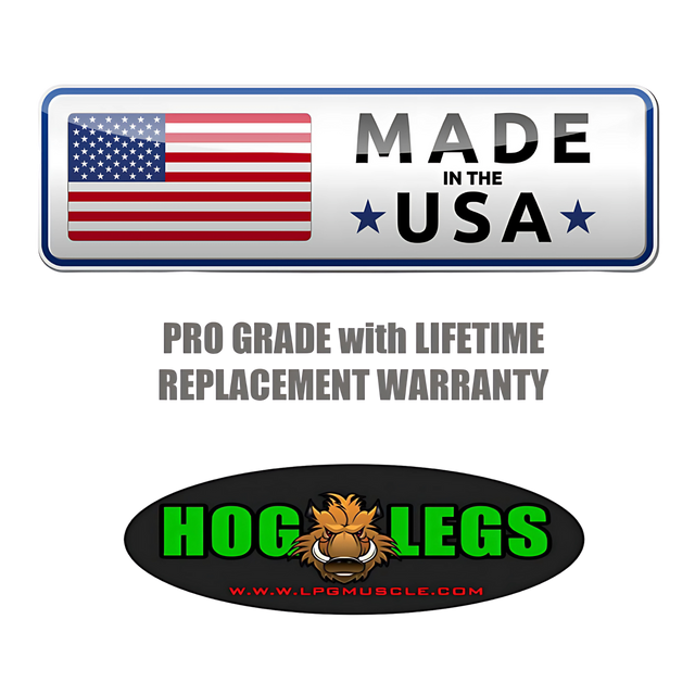 The HOG LEGS 'SubPrimal' EZ Curl Bar / Triceps Workout Bar is made in the USA, commercial-grade, comes with a lifetime replacement warranty, and features the Hog Legs LPG Muscle logo for muscle stimulation.