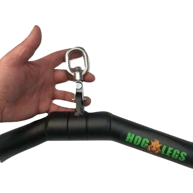 Hand holding a HOG LEGS 'SubPrimal' EZ Curl Bar / Triceps Workout Bar, a commercial grade black exercise bar with center metal clip—perfect for heavy weights and enhanced muscle stimulation.