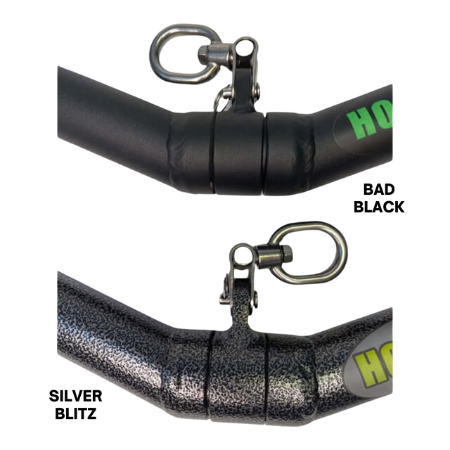 The HOG LEGS 'SubPrimal' EZ Curl Bar / Triceps Workout Bar comes in matte black and textured gray, each with attached swivel hooks and commercial-grade metal construction for easy handling of heavier weights.