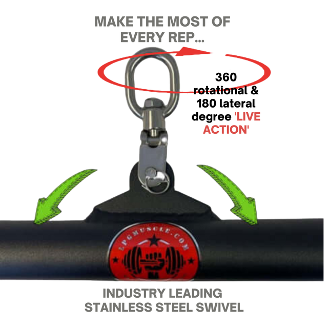 The HOG LEGS 'SubPrimal' EZ Curl Bar / Triceps Workout Bar is a black commercial-grade gym attachment with a stainless steel swivel, green arrows, and motivational fitness text—built for heavier weights and optimal muscle activation.