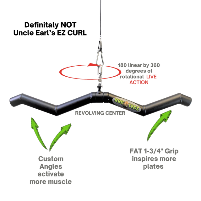 The HOG LEGS 'SubPrimal' EZ Curl Bar / Triceps Workout Bar features custom angles and thick grips to maximize muscle activation and stimulation. Built commercial grade, it's perfect for heavier weights and intense training sessions.