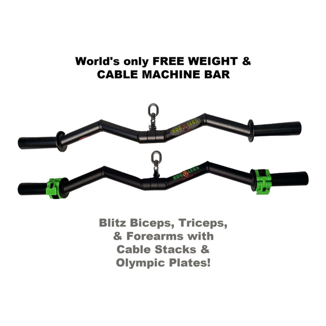 Two black HOG LEGS Super Subprimal Cable & Olympic Easy Curl Bars with green accents showcase workout versatility.