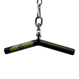 The HOG LEGS Wicked 'Piglet' Tricep Gym Bar Workout gone FAT is a black V-shaped commercial grade metal attachment, shown hanging from a clip against a black background, designed for effective triceps workouts.