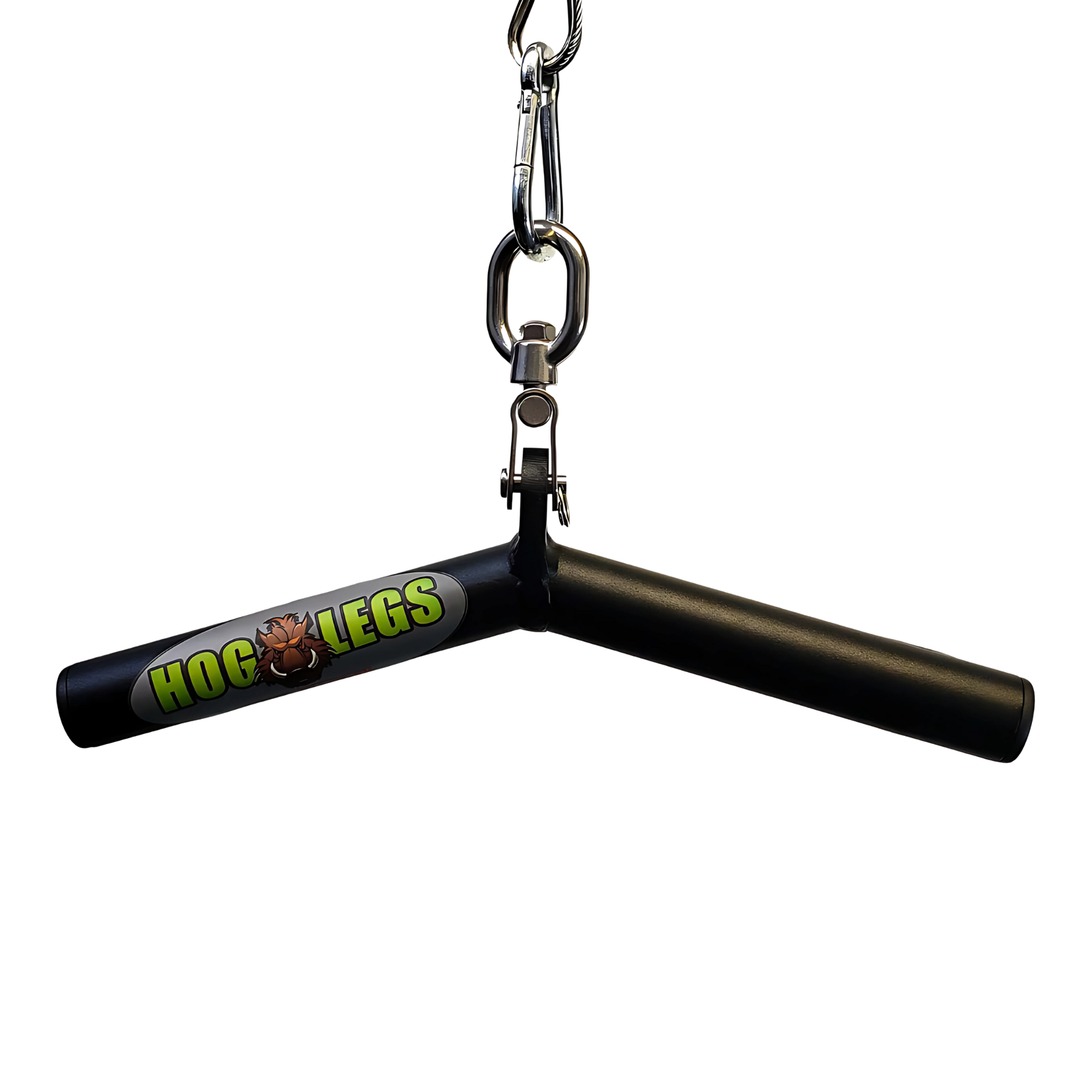The HOG LEGS Wicked 'Piglet' Tricep Gym Bar Workout gone FAT is a black V-shaped commercial grade metal attachment, shown hanging from a clip against a black background, designed for effective triceps workouts.