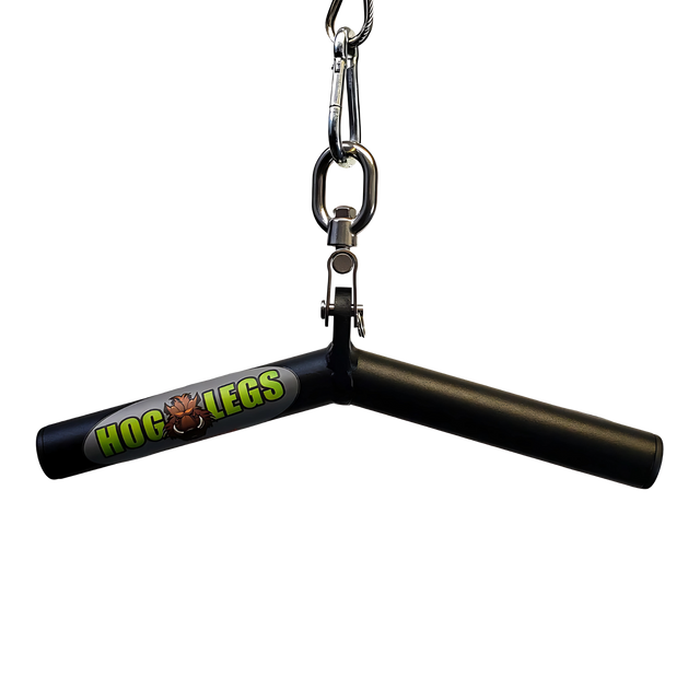 The HOG LEGS 'Ham Bone' FAT Cable Tricep Bar Extreme! is a black, V-shaped triceps bar with the "Hog Legs" logo and fat grip, hanging from a metal carabiner and cable.