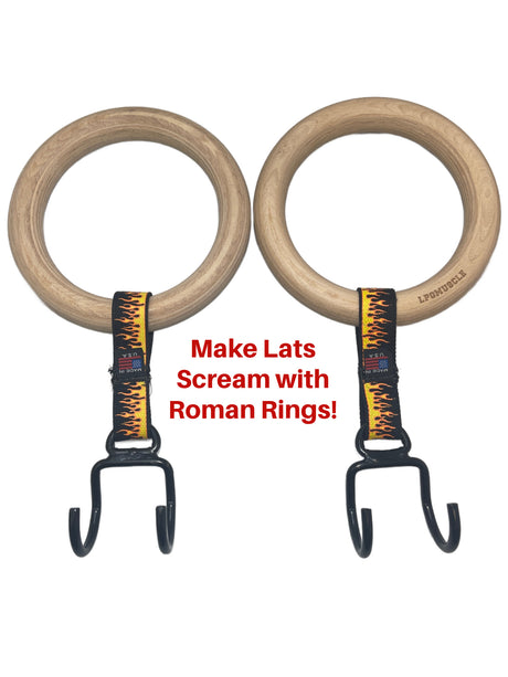 Make Lats Scream with GYMNASTICS RINGS Pull up Handles! Enjoy superior wooden grip ROMAN RING Pull Up Grips for every workout.