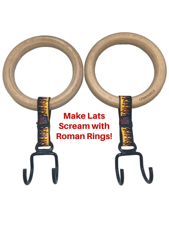 Make Lats Scream with GYMNASTICS RINGS Pull up Handles! Enjoy superior wooden grip ROMAN RING Pull Up Grips for every workout.
