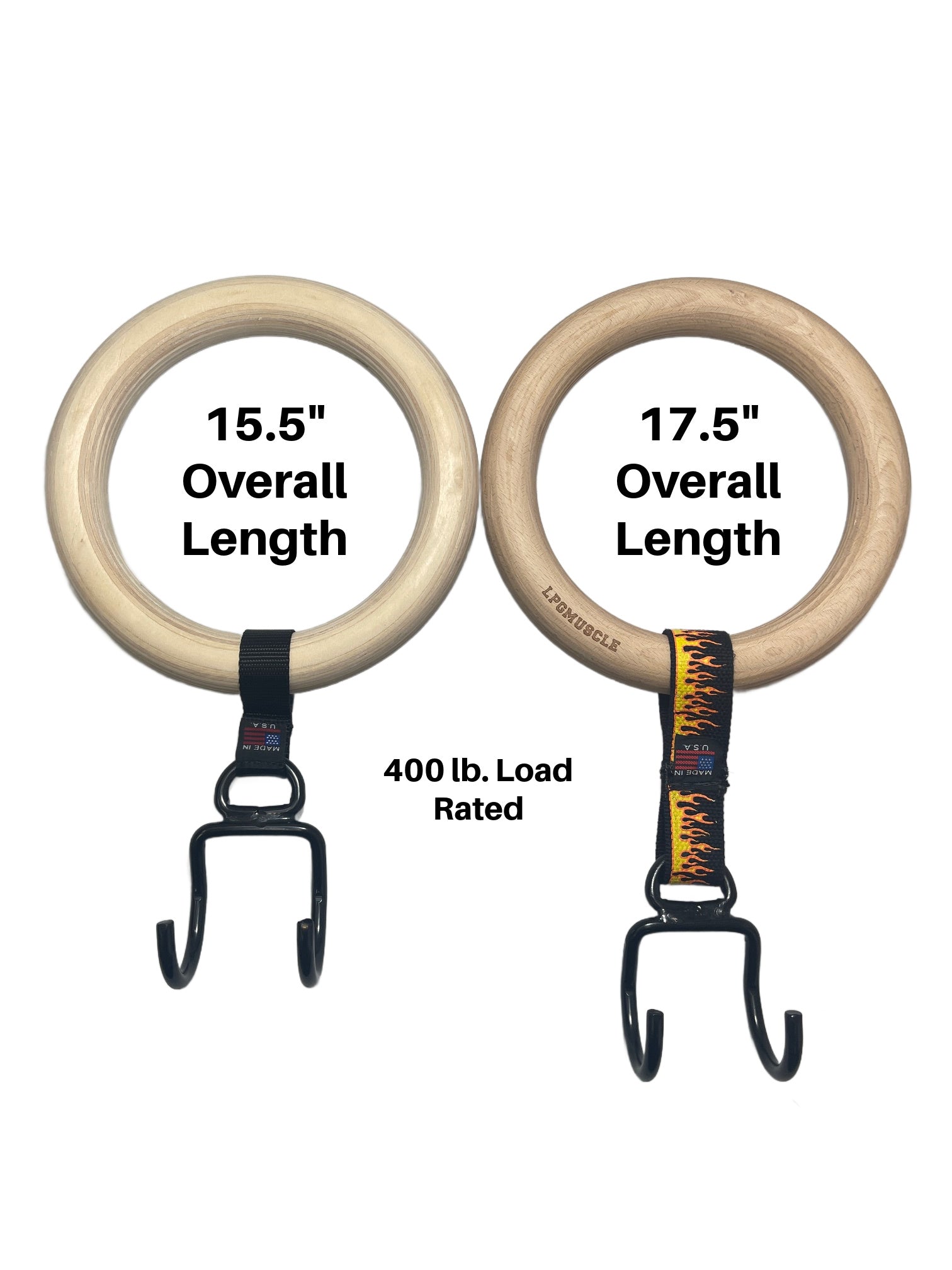 Two GYMNASTICS RINGS Pull up Handles Roman Ring Pull Up Grips, with straps and hooks, measure 15.5" and 17.5". Each wooden handle supports up to 400 lbs—perfect for pull-ups and gymnastic training.