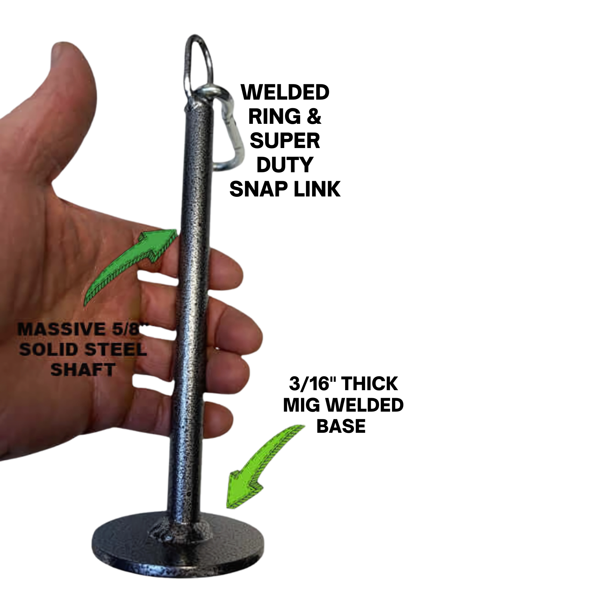 A hand grips the LOADING PIN for Weight Plates plus Dip Belt with chain HOOK, as green arrows and text highlight its key features and compatibility for weight training.