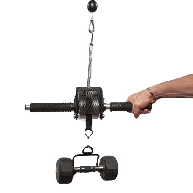 A hand holds a LOADING PIN for Weight Plates plus Dip Belt with chain HOOK, attached to a dumbbell by rope—resembling setups used for weighted exercises.