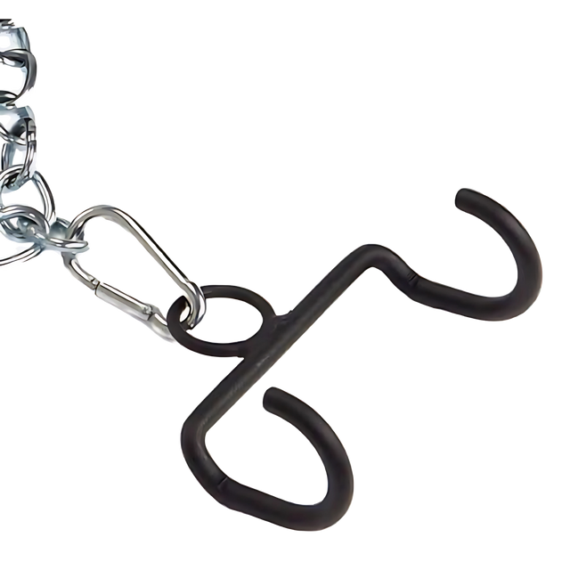 A metal keychain featuring a hook-shaped black plastic holder, inspired by the LOADING PIN for Weight Plates plus Dip Belt with chain HOOK accessory.