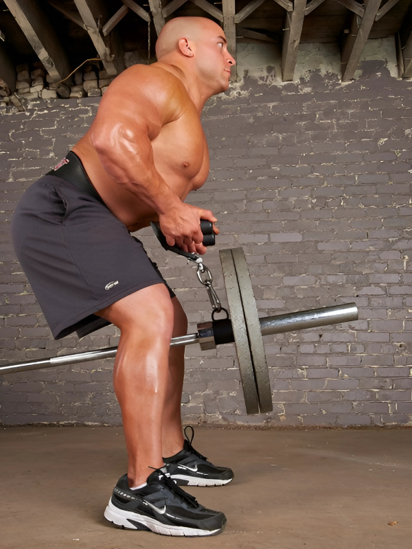 A man in gym shorts and sneakers performs a bent-over barbell row in a brick-walled gym.