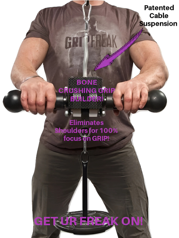 Man using a grip strength exercise device with labeled features and bold text promoting grip focus.