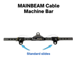 Black PULL FORCE 'MAINBEAM' Modular Cable Attachments for Gym with adjustable arms, featuring Standard MAINBEAM SLIDES and blue arrows highlighting them.