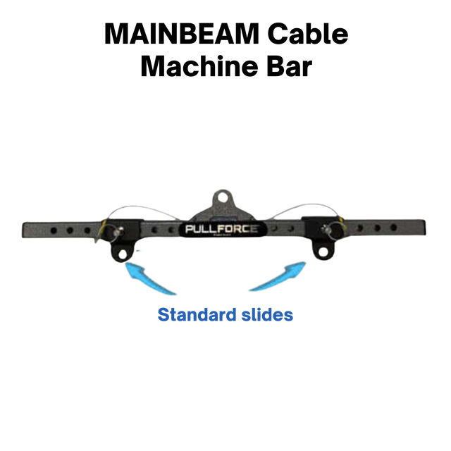 Black PULL FORCE 'MAINBEAM' Modular Cable Attachments for Gym with adjustable arms, featuring Standard MAINBEAM SLIDES and blue arrows highlighting them.