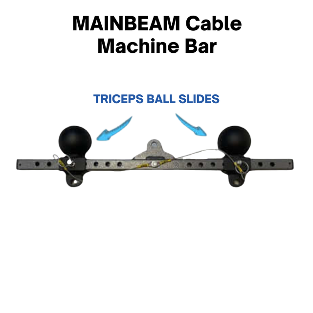 PULL FORCE 'MAINBEAM' Modular Cable Attachment – Ball Grip: Adjustable gym handle for tricep pushdowns. Features black ball grips and blue "TRICEPS BALL SLIDES" text above.