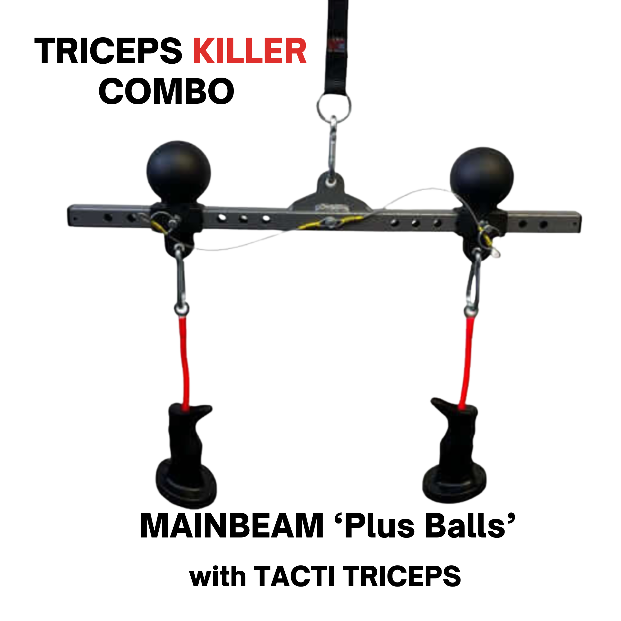 The PULL FORCE 'MAINBEAM' Modular Cable Attachment features two black rubber balls, handles, and "KILLER" label on top, designed for intense tricep workouts. Shown on a black background.